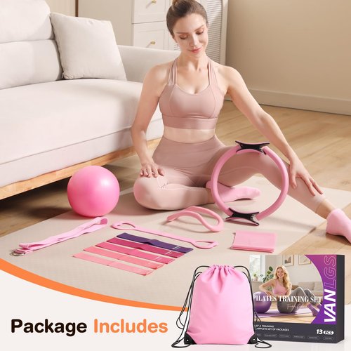 Vanlgs Pilates Kit 13Pcs Home Pilates Essentials Workout Kit with 13" Ring, 10" Ball and Resistance Bands for Women at Home Pilates Equipment Set for Beginners（Pink）