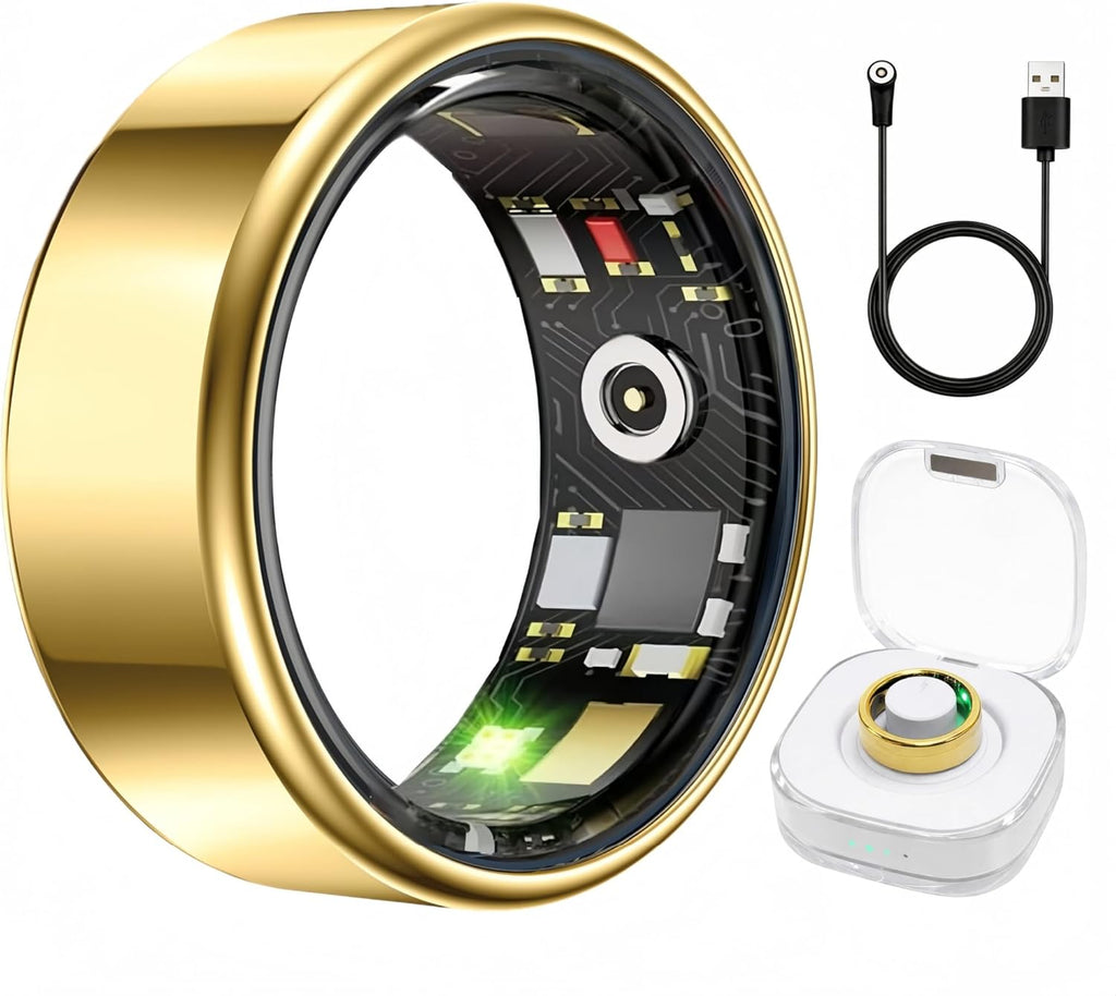 Smart Ring | Health & Fitness Tracker for Men & Women - Heart Rate, SPO₂, Sleep Monitoring, IP68 Waterproof, Gold, Size 8