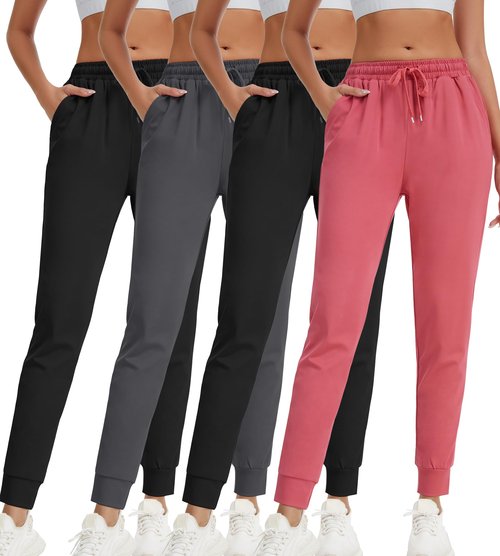 Rolimaka 4 Pack Women's Jogger with Pockets Lightweight Sweatpants Quick Dry Yoga Lounge Pants for Travel Workout Gym Running Set A Black Gray Pink S