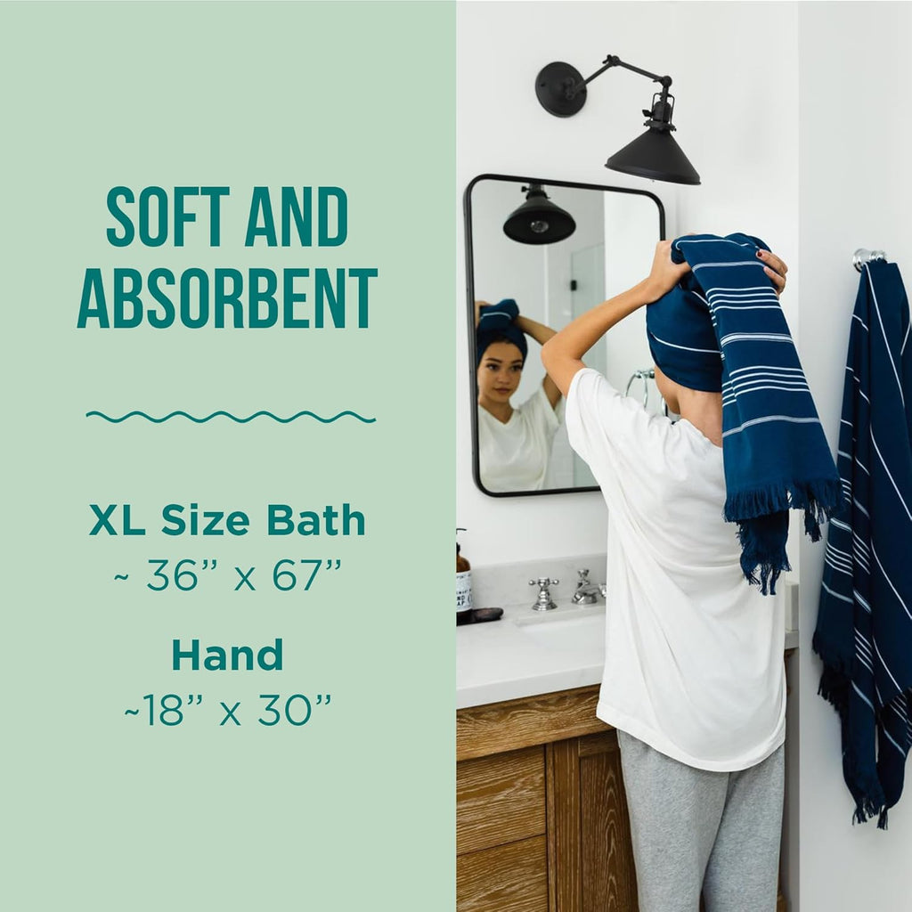 Sand Cloud Turkish Bath Towels Bundle for Bathroom, Set of 4 (Classic Navy) - Large Size - 100% Certified Organic Cotton Yarn is Lightweight, Soft & Absorbent - Premium Bath & Hand Towels Dry Faster