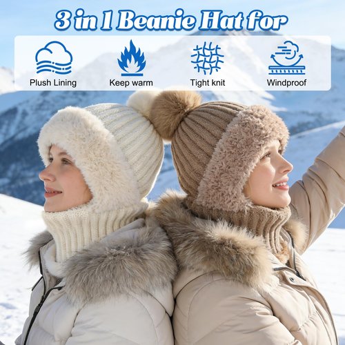 3 in 1 Beanie Hat for Women, Upgrade Beanie Hat with Scarf and Mask, Winter Warm Knitted Ski Scarf&Mask Set, Wind Resistant Hooded Scarf Hats, Thick Plush-Lined Warm Hats for Women (Black)
