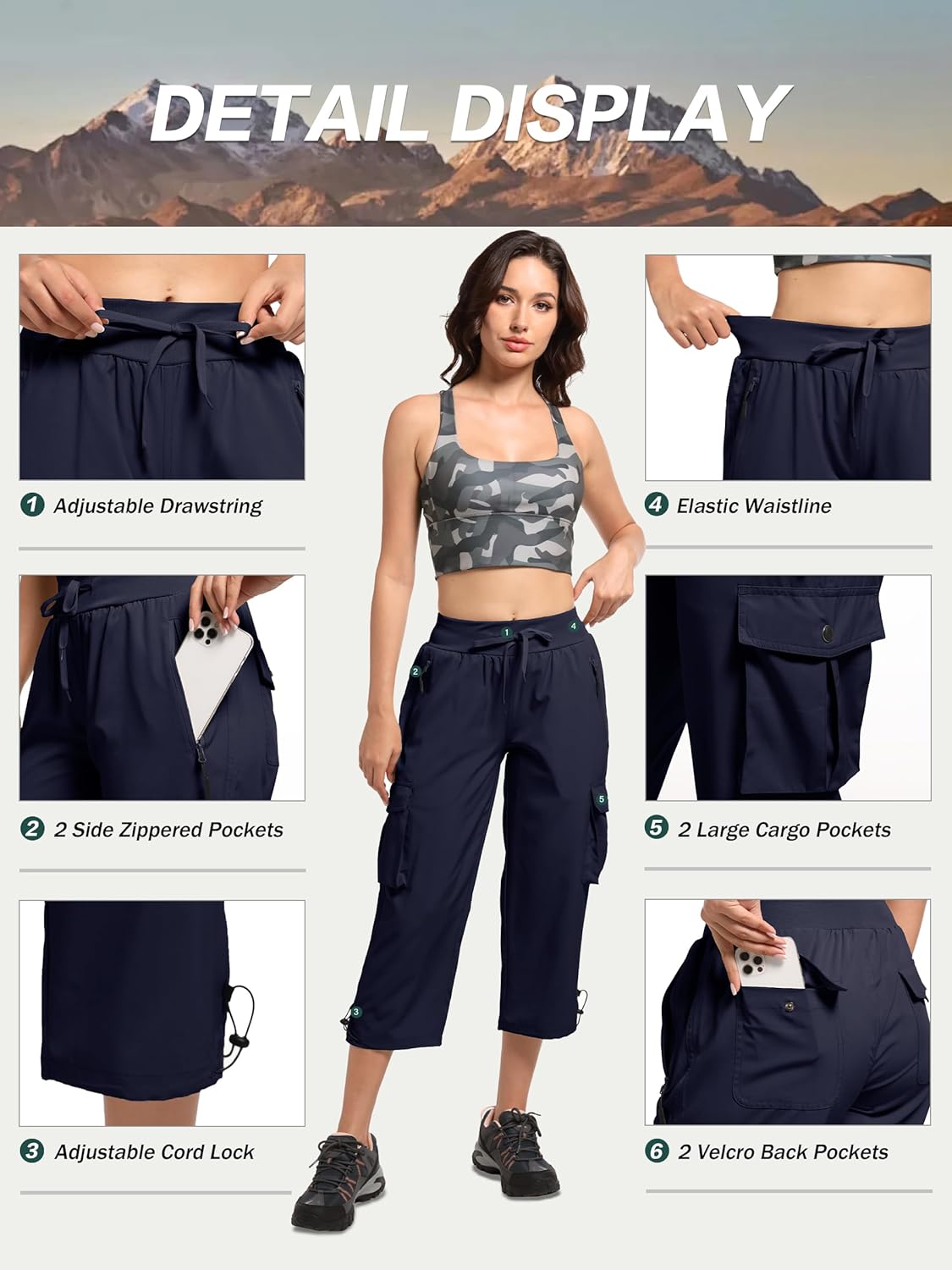Skiennix Women's Cargo Capris - Lightweight Quick-Dry Hiking Pants for Summer Travel | Elastic Waist, Casual Fit
