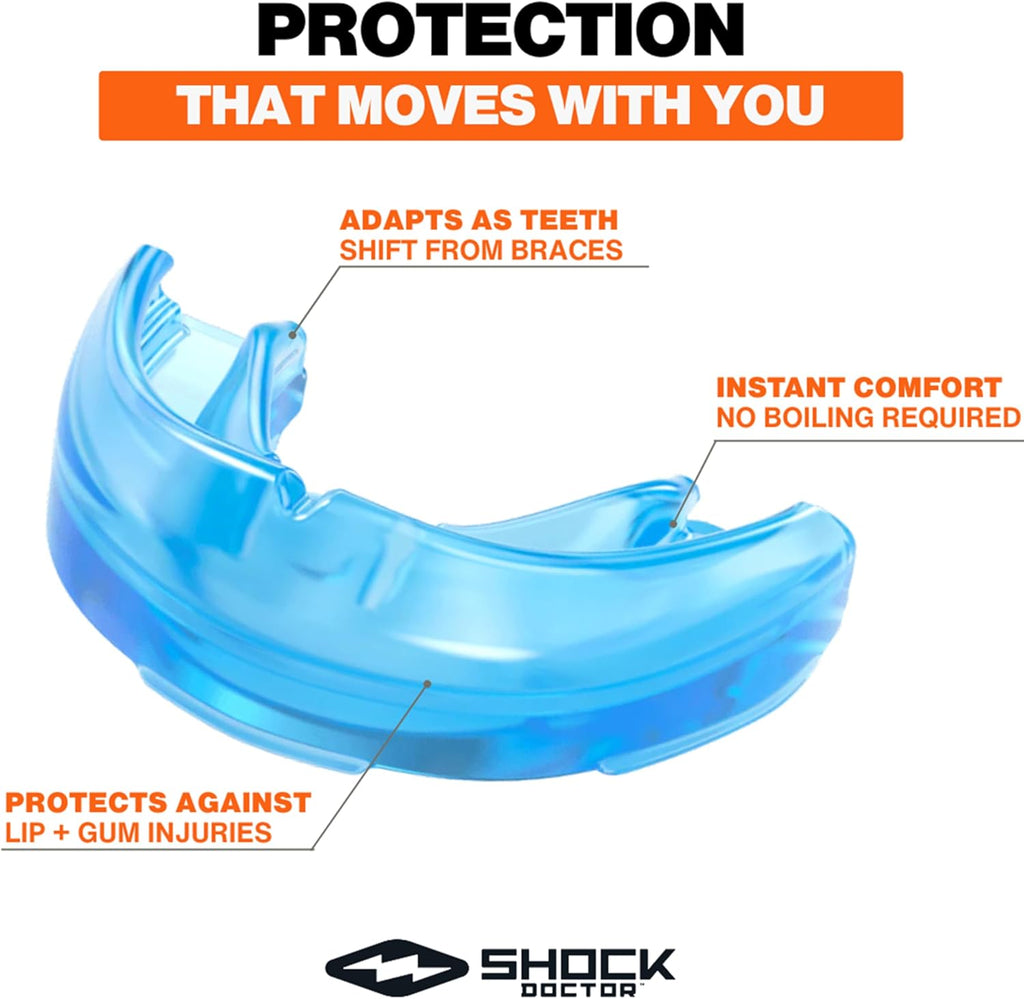 Shock Doctor Mouth Guard - Ultimate Upper Teeth Protection for Braces | Instant Fit, Blue (Pack of 2)
