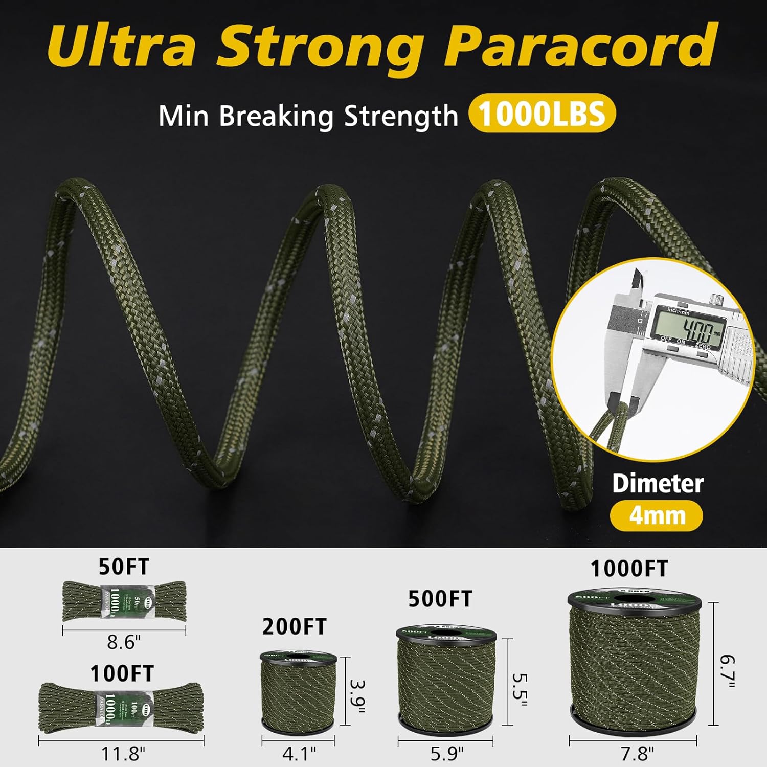 XXBEN Paracord - Reflective 1000lb Survival Rope | 4mm 13 Strand for Camping, Fishing & DIY Crafts - Neon Green