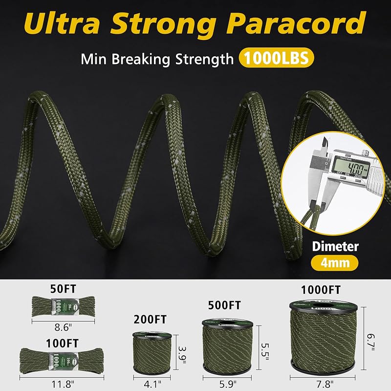 Paracord Reflective 1000lb Heavy Duty 4mm 13 Strand 500ft Orange – 500ft, 4mm, Survival Cord