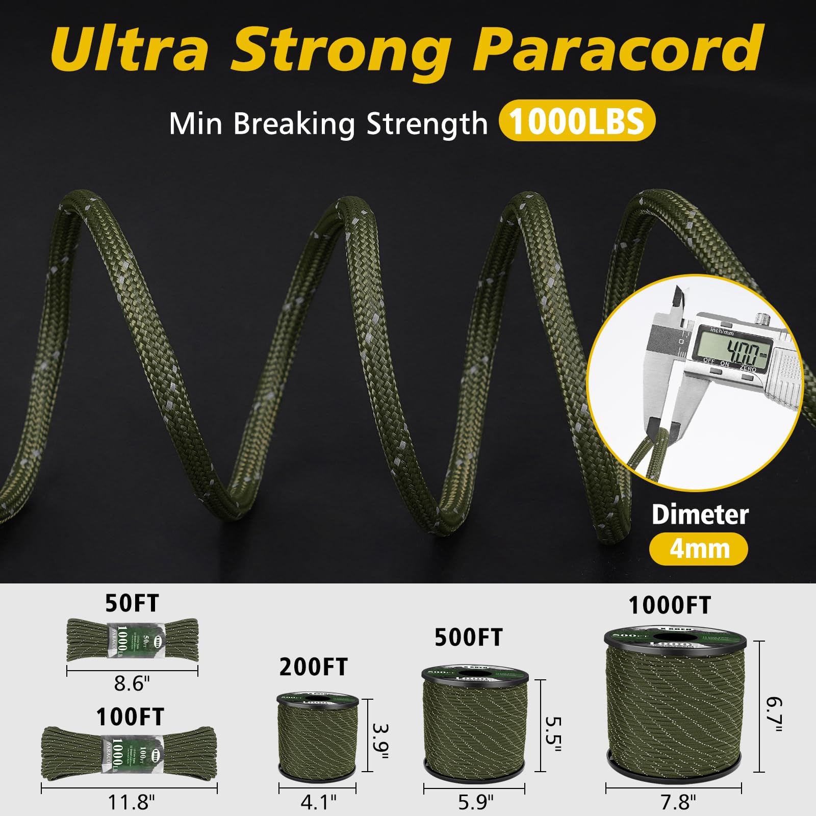 X XBEN Paracord Reflective 1000lb, 50/100/200/500/1000ft 4mm, 13 Strand Parachute Spool Cord, Survival Rope for Camping, Fishing, Hiking, Tent, Clothesline, DIY Crafts & Survival Bracelet, Neon Green