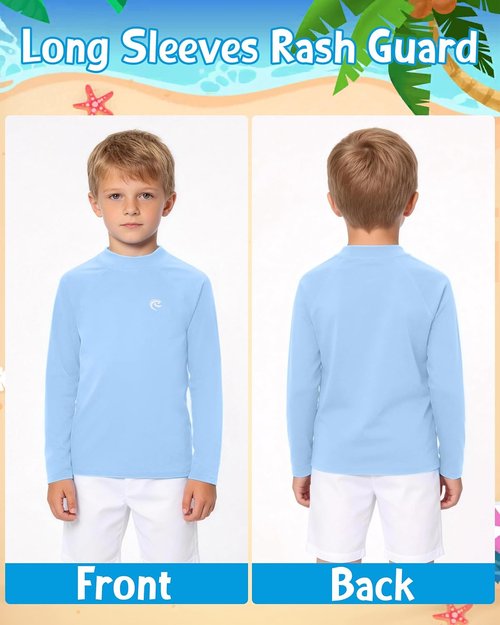 Boys' Long Sleeve Rash Guard, UPF 50+ Swim Shirt Toddler Kids, SPF UV Sun Protection Water Shirts for Beach Surf