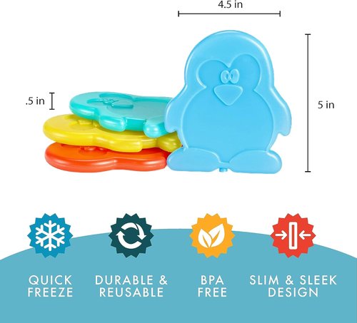 Fit & Fresh Cool Coolers Kids Lunch Box Ice Packs - Slim Reusable Multicolored Set of 4 (Penguin)