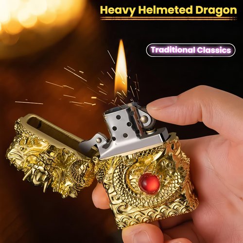 NINSI Refillable Kerosene Lighter - Vintage Dragon Design, Windproof Soft Flame Trench Lighter for Men & Women, Collectible Antique Gifts (Gold)