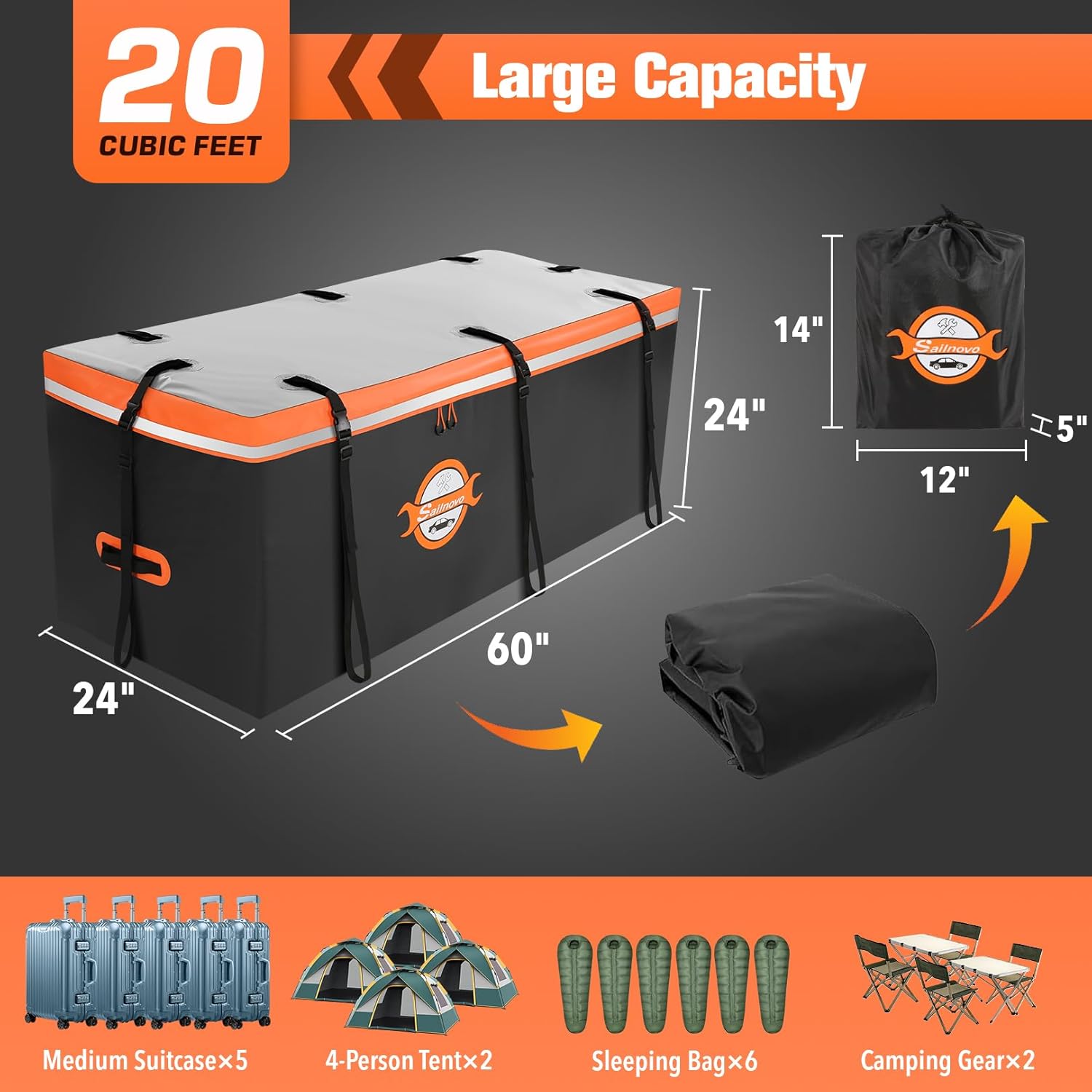 Sailnovo Waterproof Hitch Cargo Carrier Bag - 20 Cubic Feet Soft Shell Storage with 8 Straps & Lock