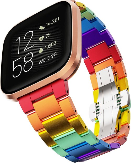 BAIHUIAM Band Compatible with Fitbit Versa/Versa 2 /Versa Lite Bands Women, Aluminum Metal Band Colorful Replacement Wristband for Fitbit Versa 2, Rainbow