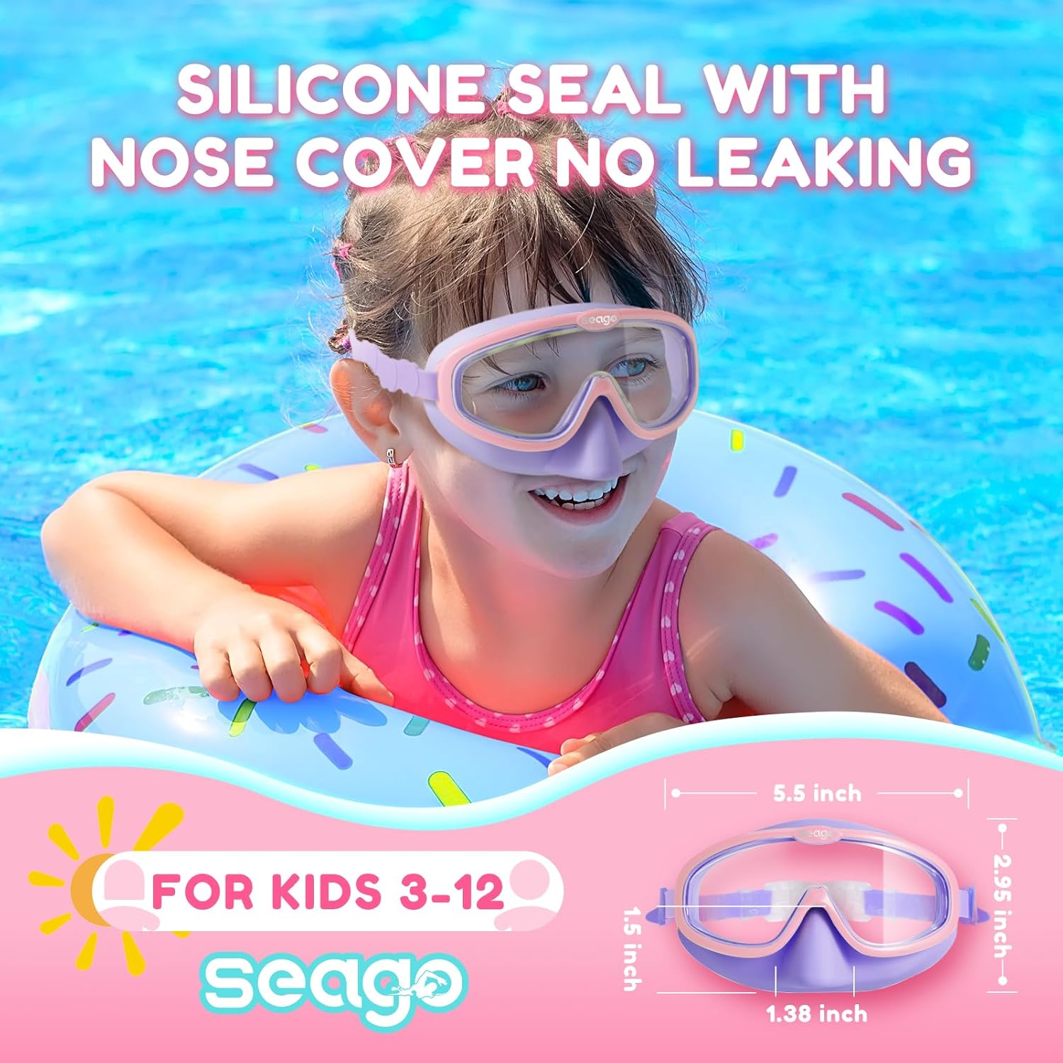 Seago Kids Swim Goggles - Anti-Fog Clear View | 2-Pack for Ages 3-12 with Nose Cover