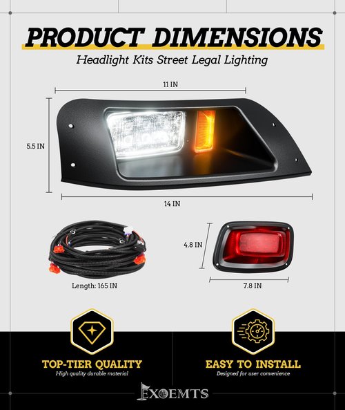 EXOEMTS EZGO TXT LED Headlight & Tail Light Kit for 1996-2013 Gas and Electric Golf Carts, 12V Street Legal LED Light Kit for EZGO TXT, Golf Cart High Brightness Headlight Taillight Combo, Black