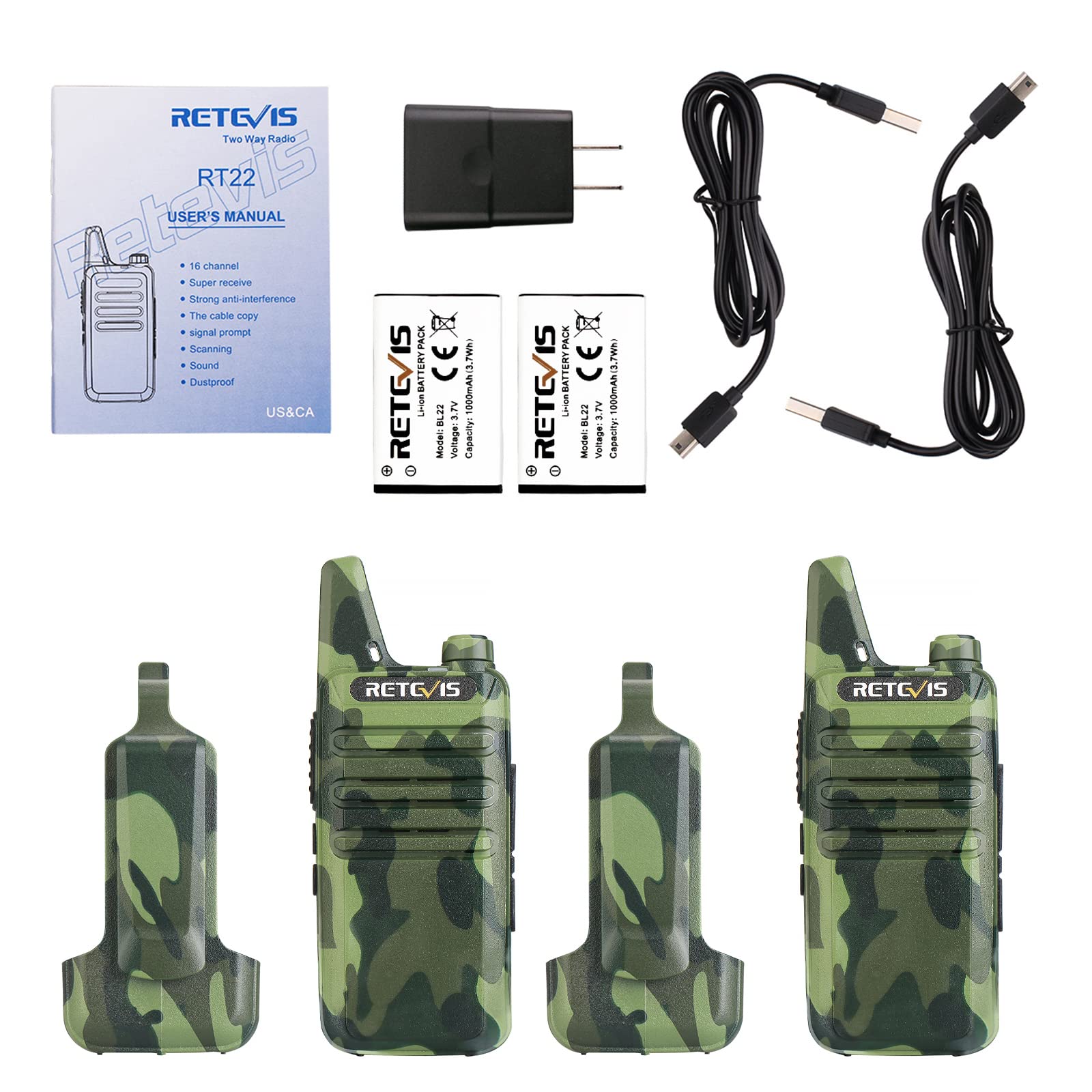 Retevis RT22 Walkie Talkies Rechargeable, Voice Activated, Emergency Alarm, Outdoor Cruise Ship ATV Hunting Skiing Handheld Two Way Radio Walkie-Talkies (4 Pack,Camouflage)