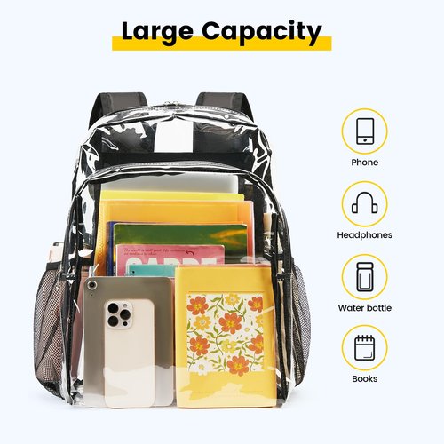 Vorspack Clear Backpack Heavy Duty - Transparent See Through Backpacks Extra Large Clear Bookbag for College Work Travel - Black