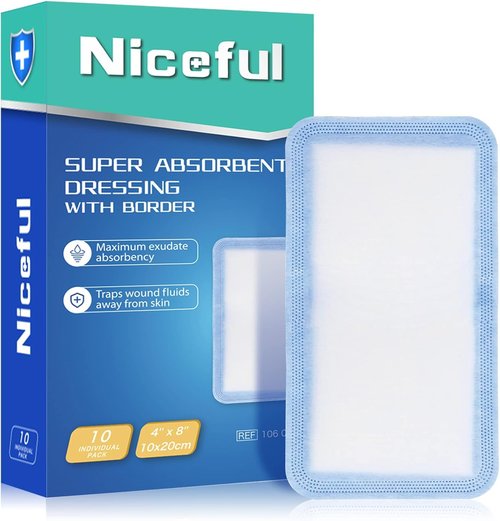 Niceful Super Absorbent Wound Dressing 4" x 8" (10 Pcs) – Sterile Non Stick Gauze Pads for Wound Care, Heavy Exudate Large Bandages for Pressure Ulcers, Bedsores, Diabetic Foot Ulcers