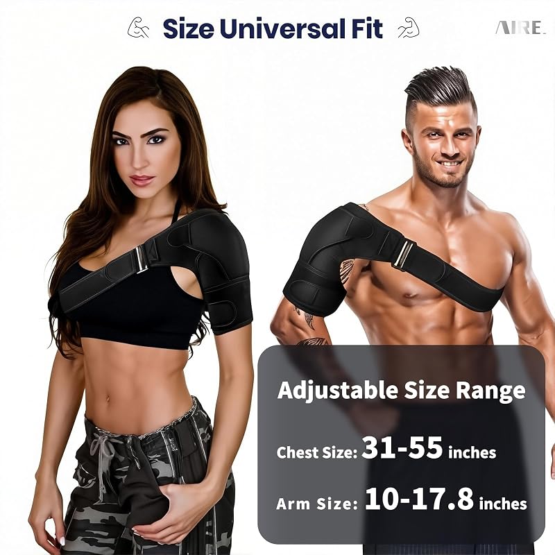 AIRE Shoulder Brace for Men & Women - Adjustable Recovery Support, Rotator Cuff Pain Relief, Black, One Size