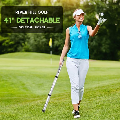 River Hill Golf Golf Ball Retriever, 3 Pieces Aluminum Alloy Picker Upper Tube w/Storage Bag, 25 Golf Balls Shagger Grabber, 41.3 Inch Ball Collector, Pickup Tool Device