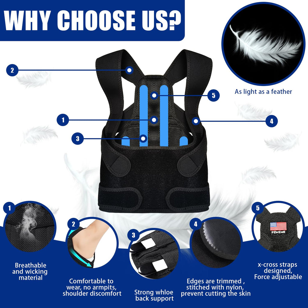Skiennix Posture Corrector - Adjustable Back Brace for Pain Relief & Lumbar Support | Black, Large