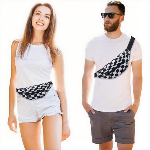 MAXTOP Checkered Fanny Pack Crossbody Bag with 4-Zipper Pockets Large Belt Bag for Enjoy Festival Sports Workout Traveling Running Casual Hands-Free Waist Bag Black and White Checkered