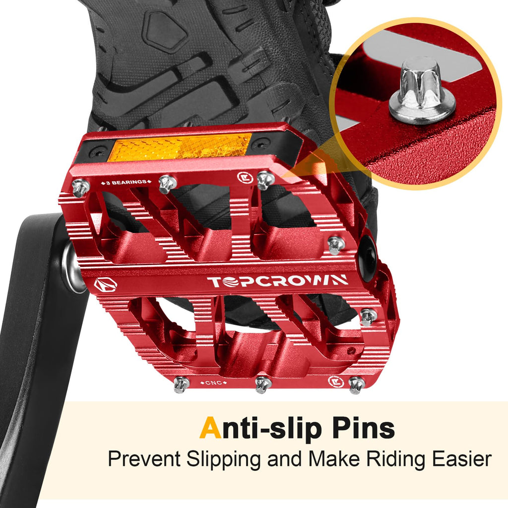 Topcrown Mountain Bike Pedals with Reflectors, Aluminum Metal Bicycle Flat Pedals 9/16" - 3 Sealed Bearings, Non-Slip Wide Platform with Removable Pins for MTB, Road Bike, BMX, Ebike (Red)