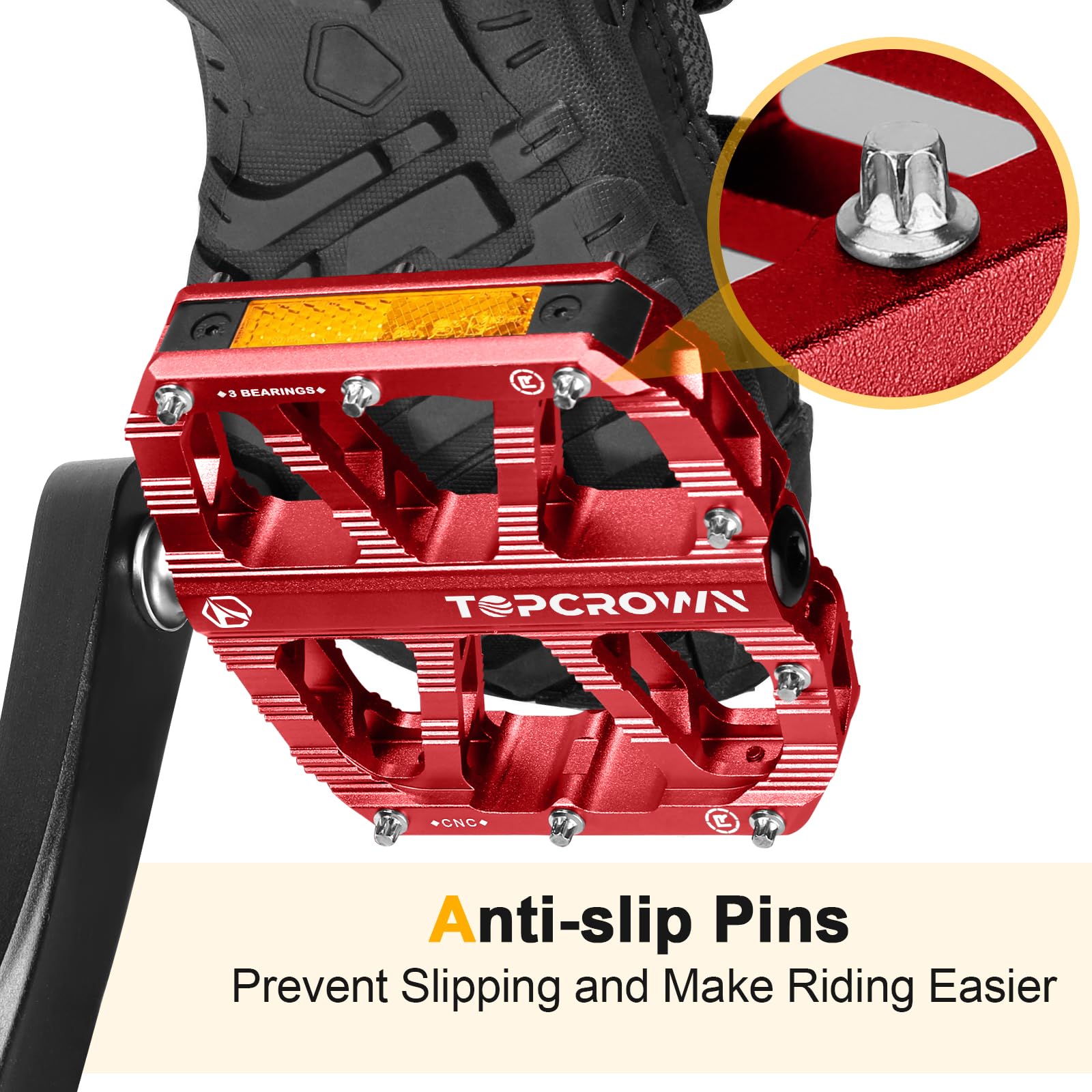 Topcrown Mountain Bike Pedals with Reflectors, Aluminum Metal Bicycle Flat Pedals 9/16" - 3 Sealed Bearings, Non-Slip Wide Platform with Removable Pins for MTB, Road Bike, BMX, Ebike (Red)