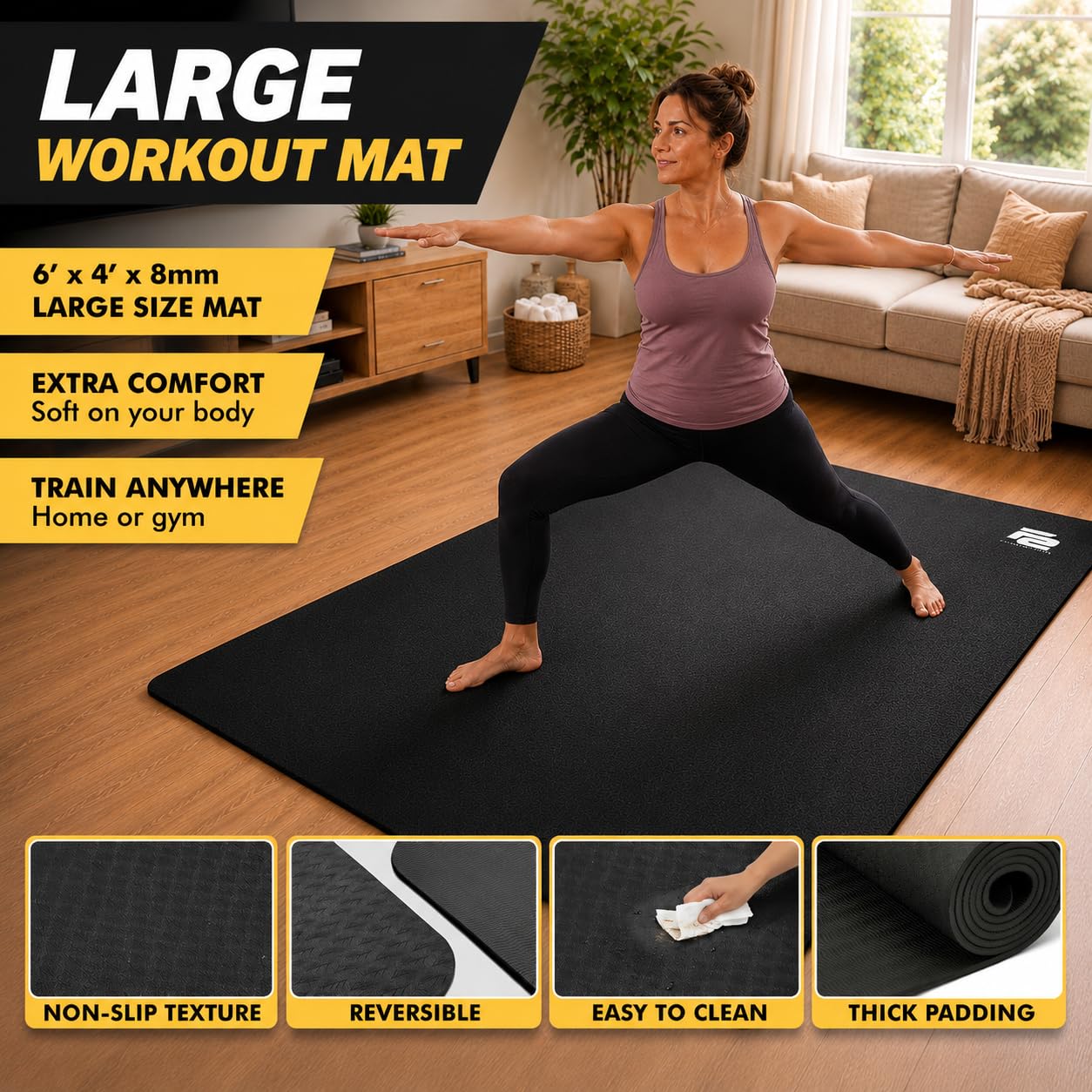 Fit Active Sports Oversized 6’ x 4’ Extra Large Workout Mat with Carry Bag & Straps — Heavy-Duty, Non-Slip Exercise & Equipment Large Mat for Home Gyms, Lifting & Training, Roll-Up | Black