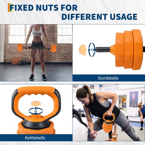Adjustable Dumbbell Set, 66 LBS 4-In-1 Home Gym Weights with Connector As Dumbbell, Kettlebell,Barbell for Strength Training, Full Body Workout,Orange