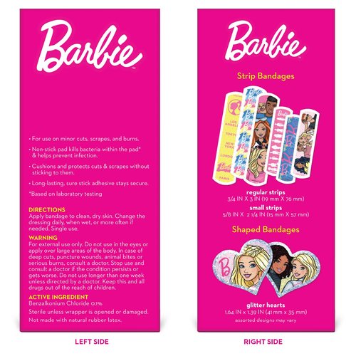 Barbie Antibacterial Kids Bandages, 3 Assorted Sizes 100 CT | Wear Like Stickers, Flexible Adhesive Bandages for Minor Cuts, Scrapes, and Burns. Great Gift idea for Kids