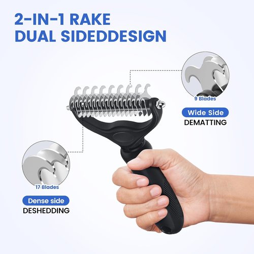 Double-Sided Pet Grooming Rake - 4-in-1 Professional Grooming Kit for Dogs & Cats | Extra-Wide Deshedding Tool (4PCS Black)