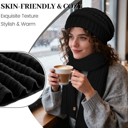 Ultrafun Womens Winter Beanie Hat Scarf Gloves Set, Satin Lined Slouchy Beanie Knit Scarf Touchscreen Gloves, Warm 3 Gift Set (Black)