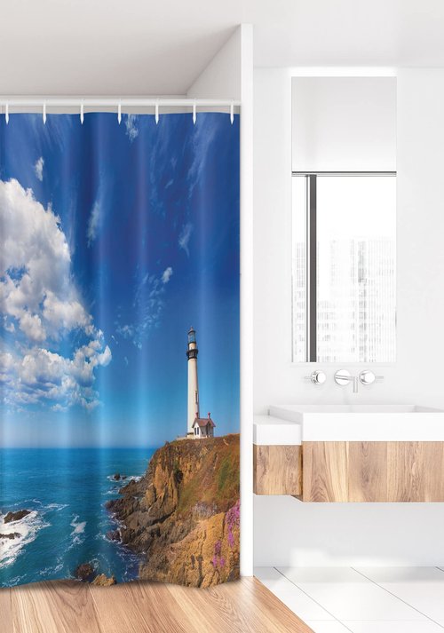 Ambesonne Lighthouse Stall Shower Curtain, California City Pigeon Point Lighthouse in Cabrillo Coastal Image Print, Fabric Bathroom Decor Set with Hooks, 36" W x 72" L, Brown White