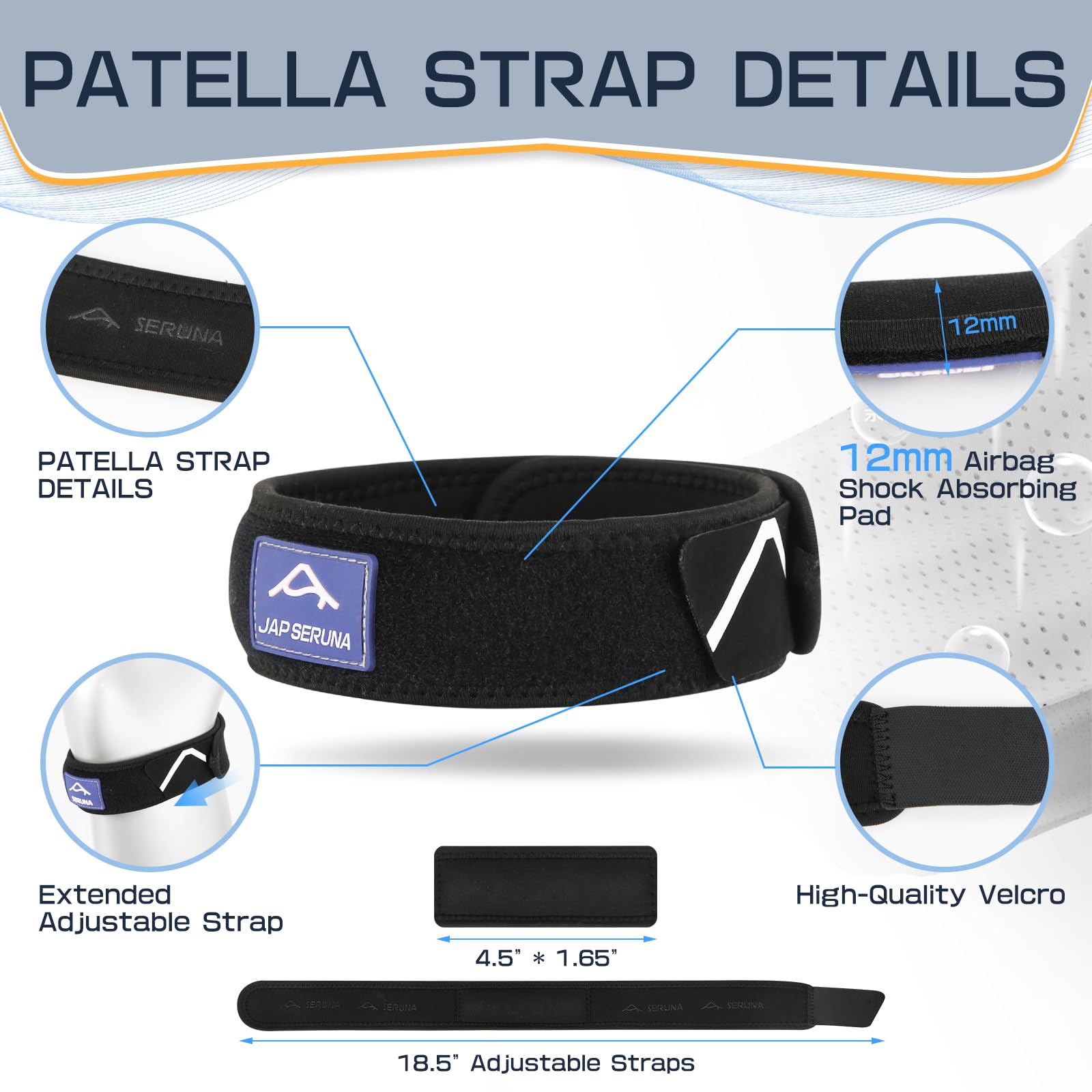 JAPSERUNA Patellar Band Tendon Support Strap - 2 Pack Adjustable Non-Slip Knee Brace for Helps Relieve Pain & Swelling for Hiking, Running, Jumpers Knee, Tendonitis, Basketball, Squats