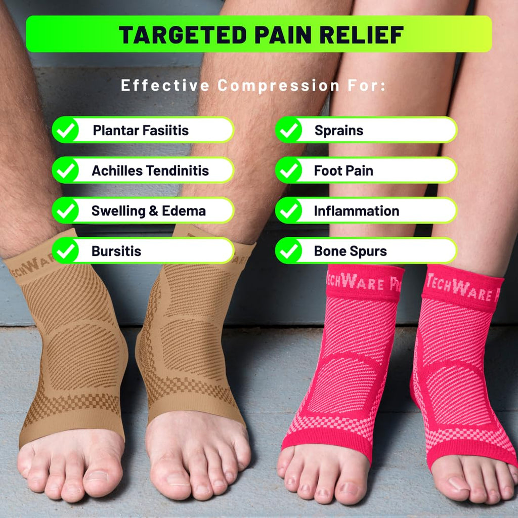 TechWare Pro Ankle Brace Compression Sleeve - Relieves Achilles Tendonitis, Joint Pain. Plantar Fasciitis Foot Sock with Arch Support Reduces Swelling & Heel Spur Pain. (Beige, L/XL)