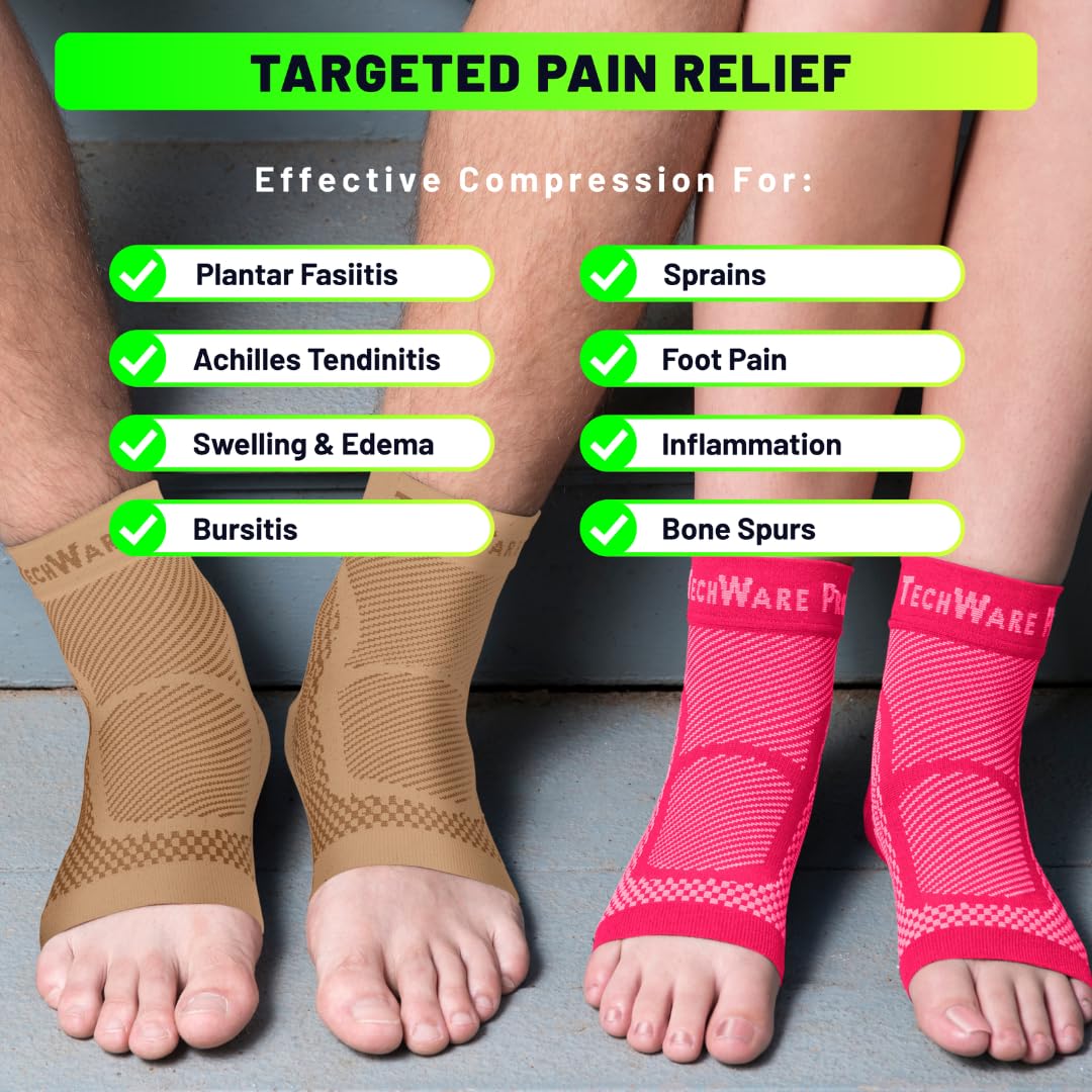 TechWare Pro Ankle Brace Compression Sleeve - Relieves Achilles Tendonitis, Joint Pain. Plantar Fasciitis Foot Sock with Arch Support Reduces Swelling & Heel Spur Pain. (Beige, L/XL)