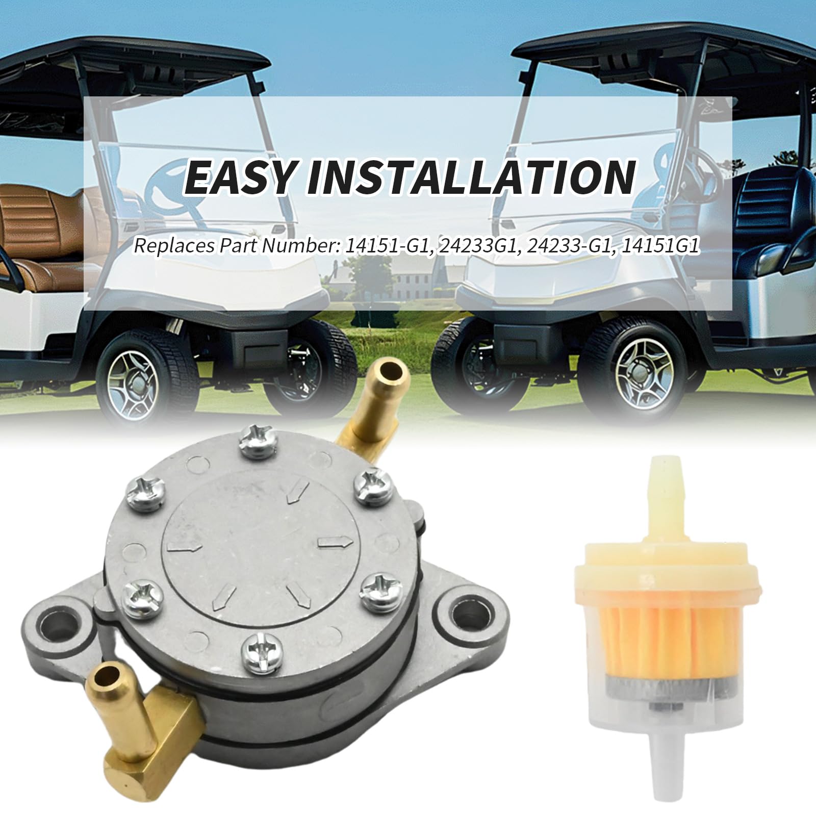 VIKKSAER 14151-G1 24233G1 Fuel Pump Kit with Fuel Filter, Replacement for EZGO Marathon Gas Golf Cart 2-Cycle Engine 1989 1990 1991, Replaces 14151G1, 24233-G1