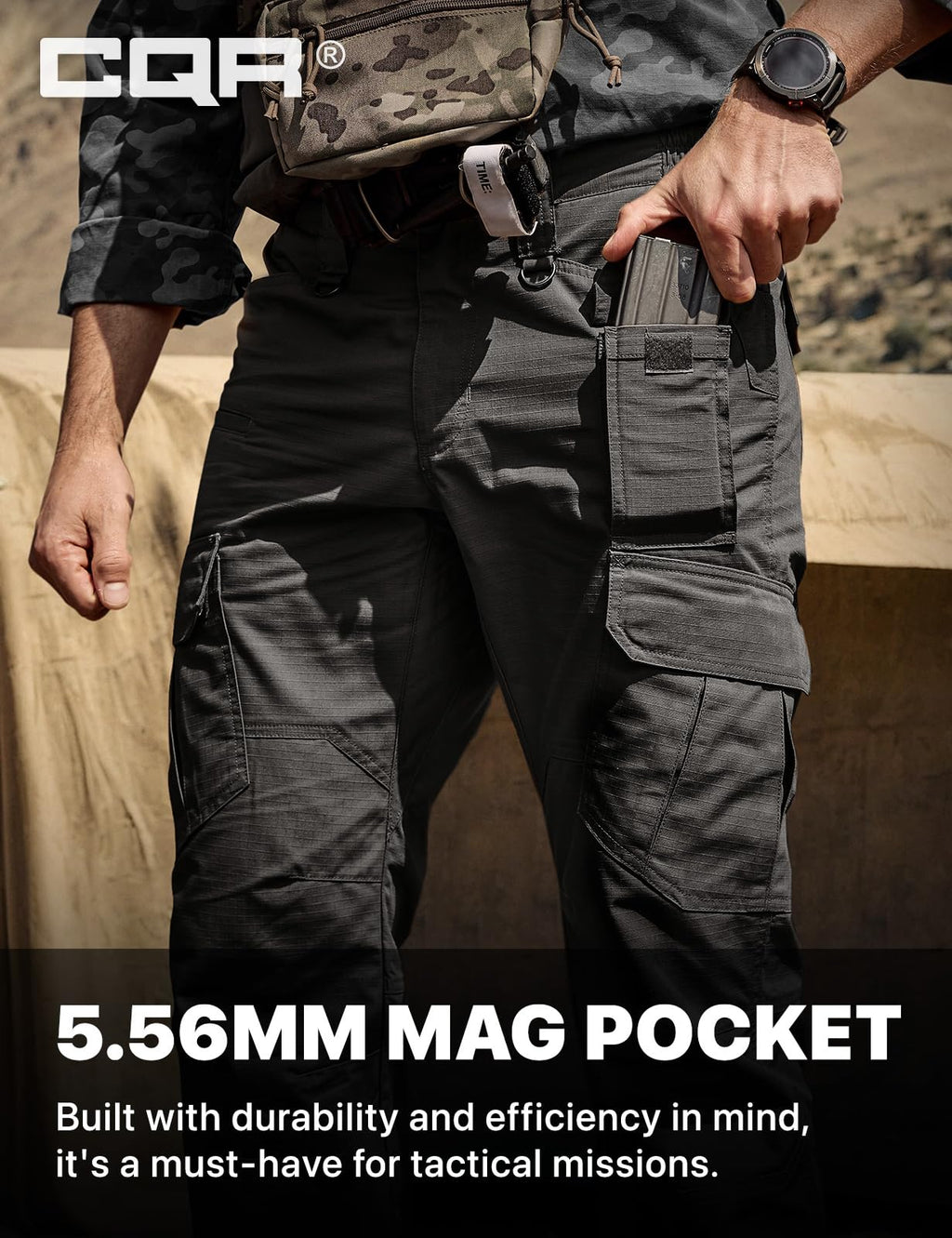 CQR Men's Tactical Pants, Water Resistant Ripstop Cargo Pants, Lightweight EDC Work Hiking Pants, Outdoor Apparel, Duratex Mag Pocket Black, 44W x 30L