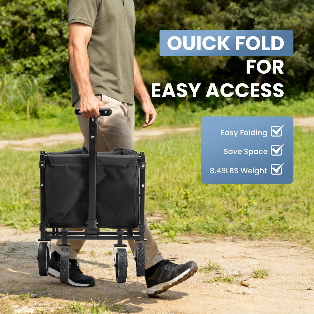 DUMOS Collapsible Wagon with Wheels, 176 lbs Wagons Carts Foldable Wagon Cart with Flexible Handle, Lightweight Portable Folding Utility Grocery Shopping Cart for Grocery Sports Garden Camping - Black