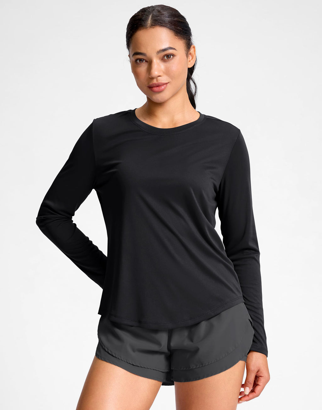 SANTINY Lightweight Long Sleeve Workout Tops for Women Breathable Yoga Gym Athletic Running Hiking Top UPF 50+ Sun Shirts (Black_L)