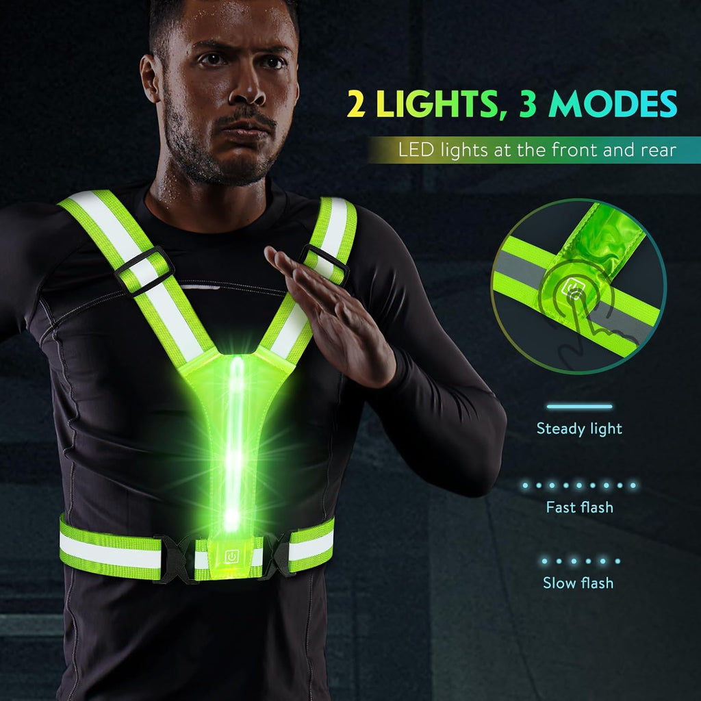 Simket LED Reflective Running Vest - Water Resistant Safety Gear with USB Rechargeable Lights | Adjustable High Visibility for Night Running, Cycling, Dog Walking