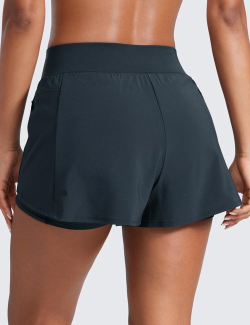 CRZ YOGA 2 in 1 Double Layer Running Shorts for Women 3" - High Waisted for Athletic Tennis Workout with Zip Pockets True Navy Small