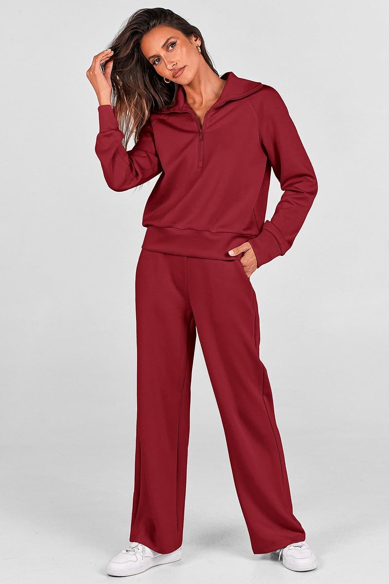 2-Piece Lounge Set for Women - Half Zip Sweatshirt + Palazzo Pants, Wine Red, Size M
