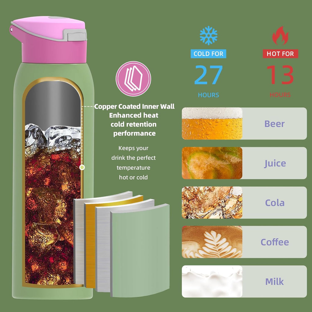 Saseum Water Bottle with Straw, 24 oz Free-Sip Double-Wall Vacuum Insulated Stainless Steel Bottle, One-Click Open Design with Soft Silicone Spout, BPA-Free, Ideal for School, Sports & Travel