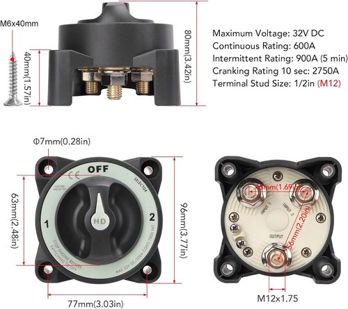 Blue Sea 600A Battery Switch - Marine Master Power Selector for Boats & RVs | 32V Single Circuit On/Off