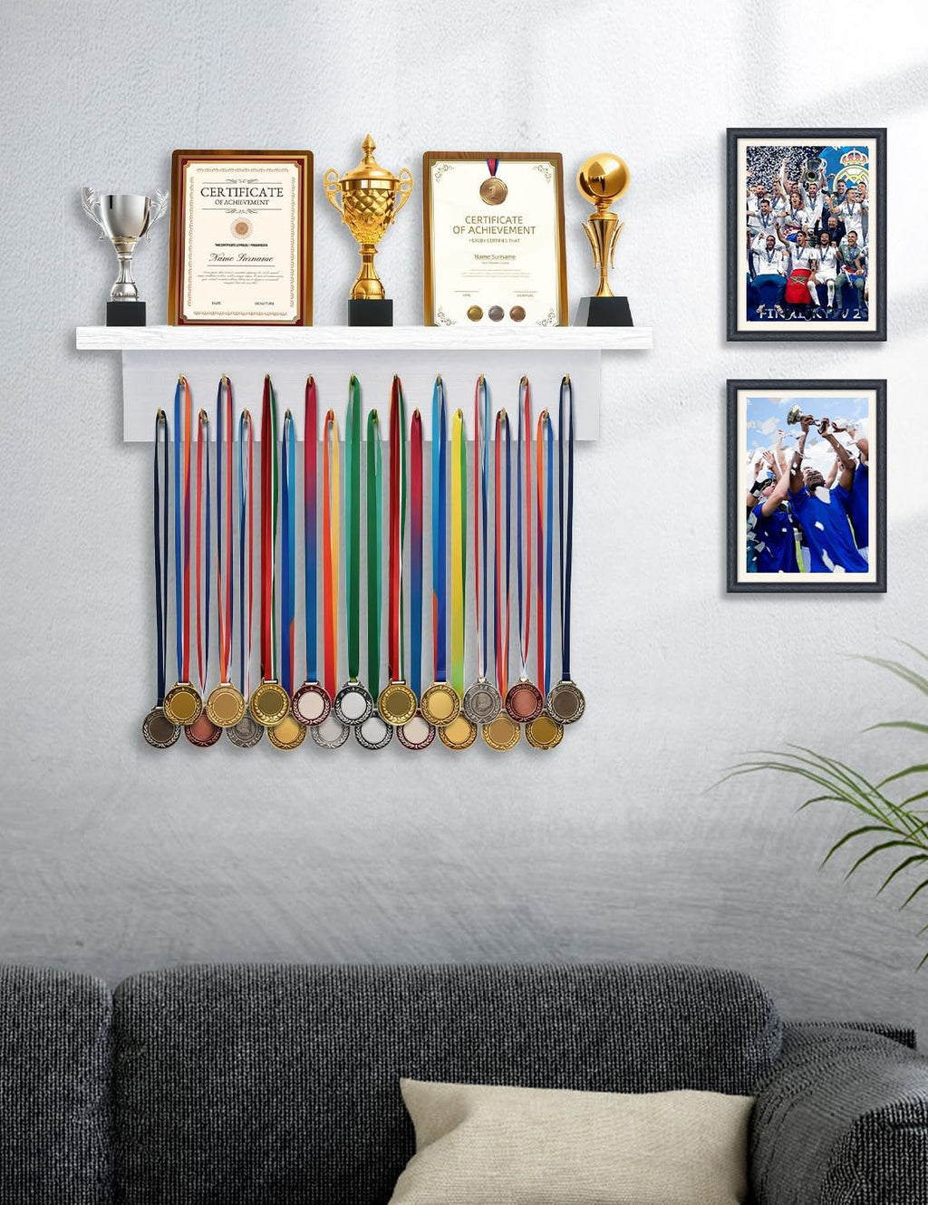 Wooden Medal Hanger Display - Sturdy 19 Hooks Trophy Shelf for Gymnastics, Soccer, Running Awards