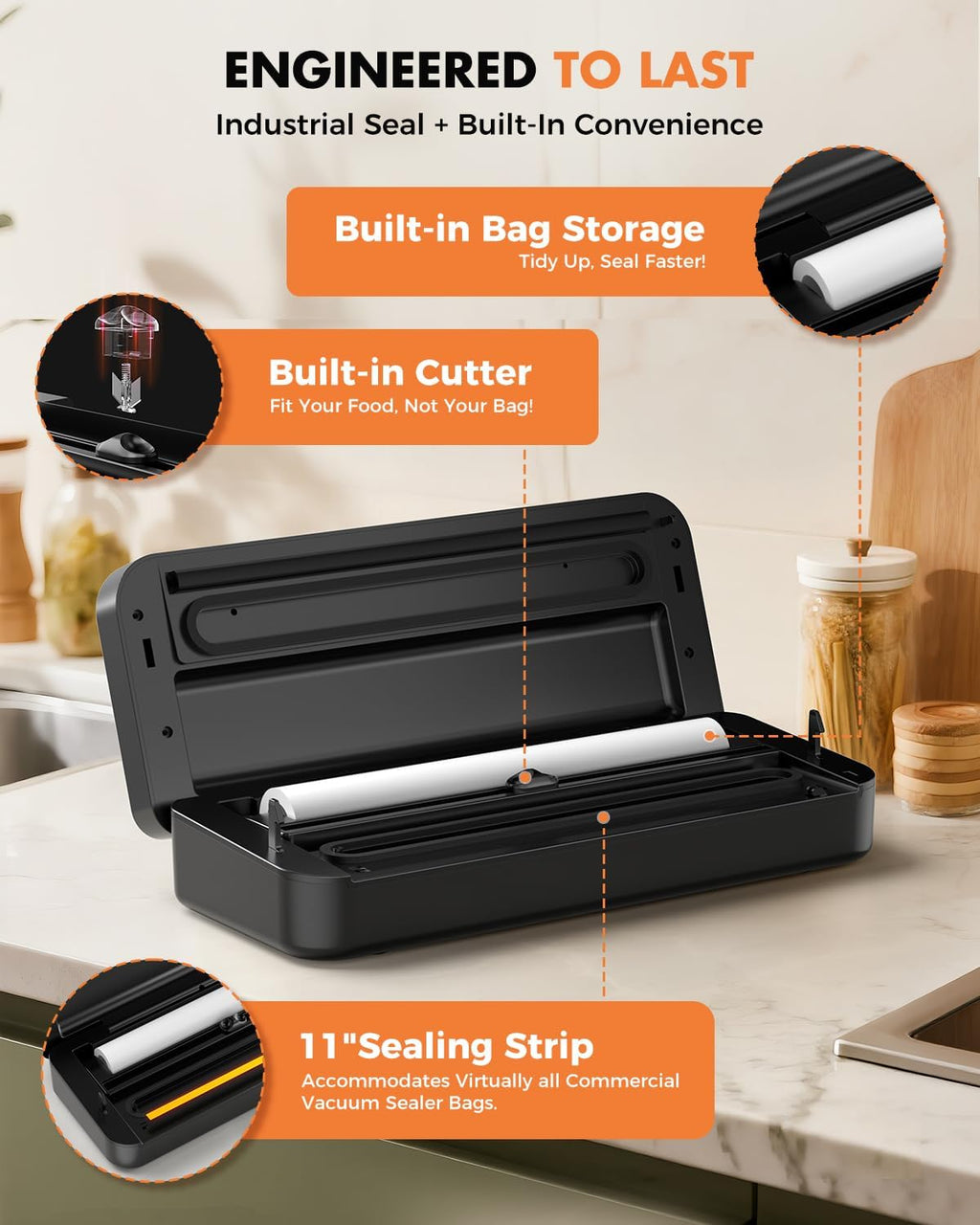 Regine Switzerland Vacuum Sealer - 135W Fast-Sealing Food Saver with Easy Tear Cutter & Built-in Bag Storage