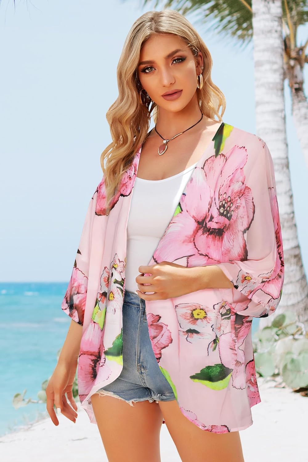 Women's Floral Print Puff Sleeve Kimono Cardigan Loose Cover Up Casual Blouse Tops 2026