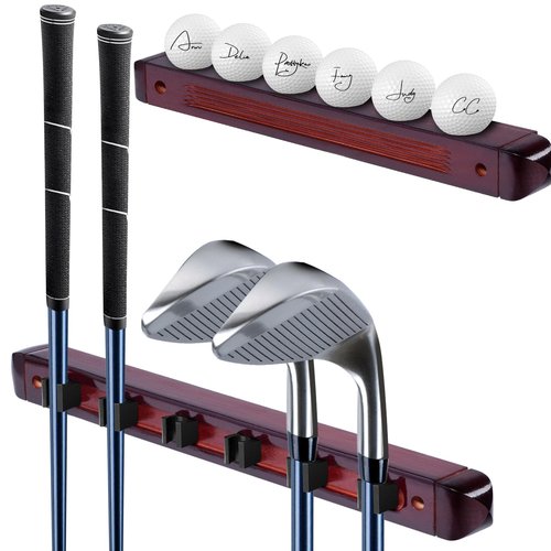 Wall Mounted Golf Club Display Rack, 2 Pack Wooden Golf Putter & Wedge Holder with 6 Secure Clips, Golf Ball Display Shelf, Premium Wall Storage & Organizer for Home, Office, Man Cave, Pro Shop