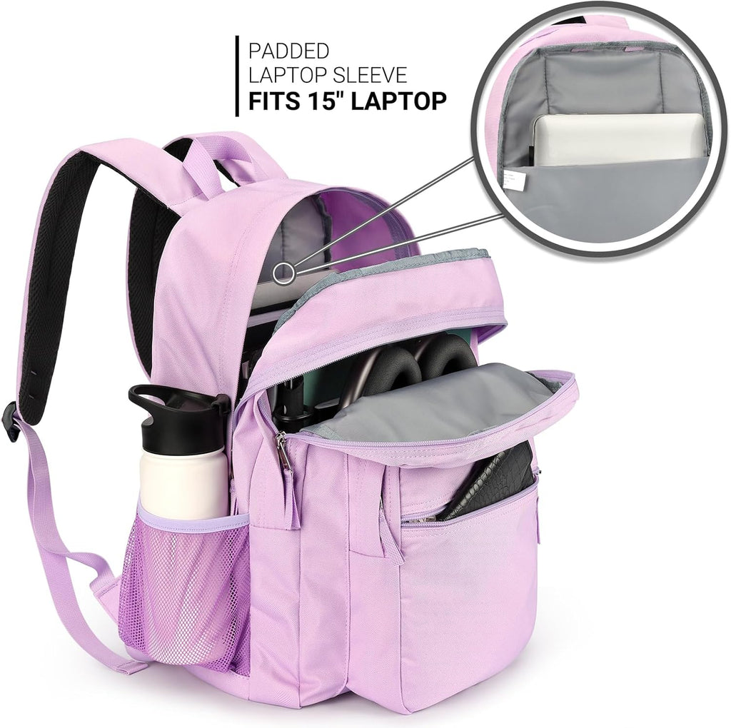 ZORFIN 26L Water Resistant Backpack for College & Travel | Light Purple Bookbag