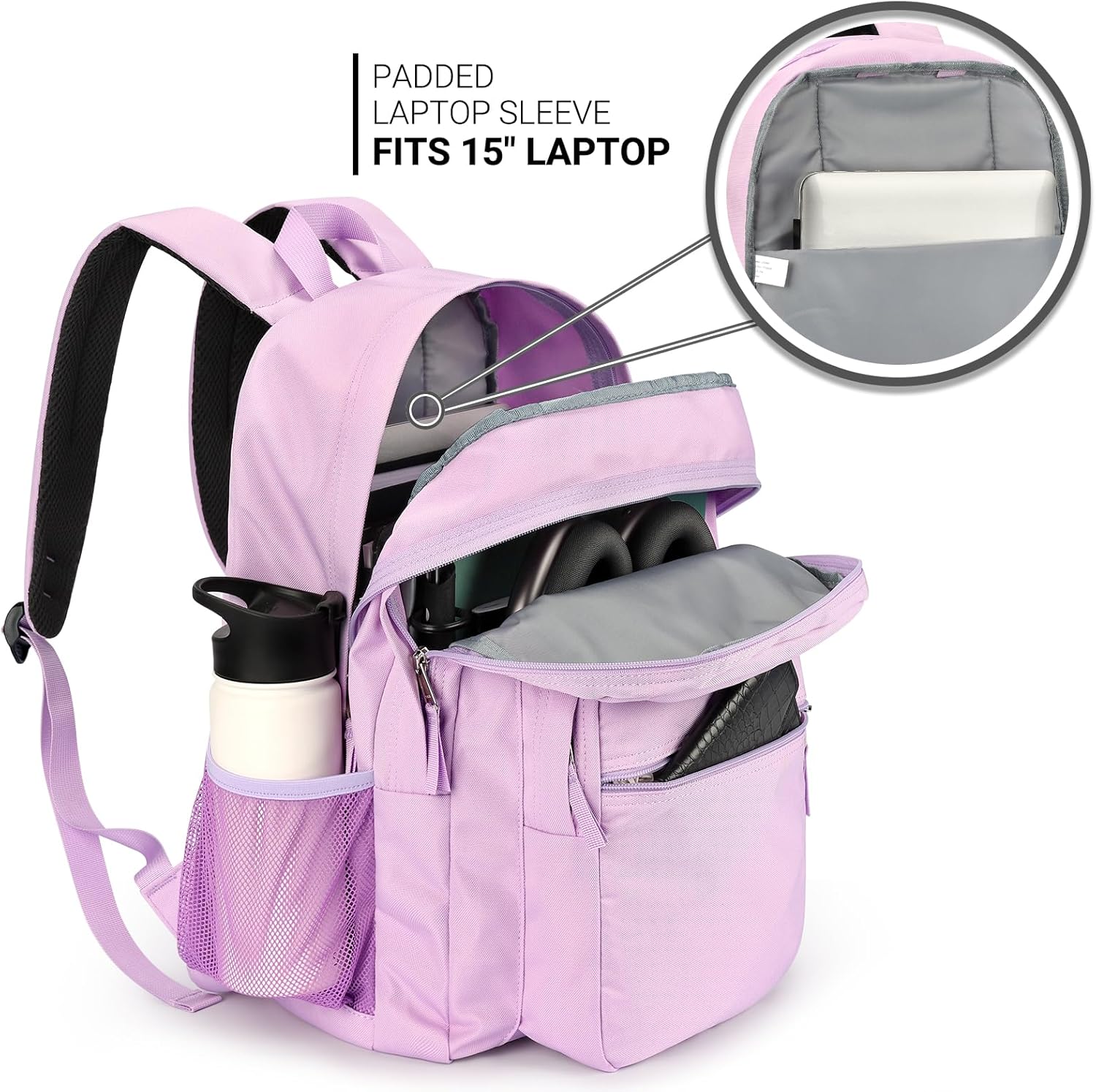 ZORFIN 26L Water Resistant Backpack for College & Travel | Light Purple Bookbag